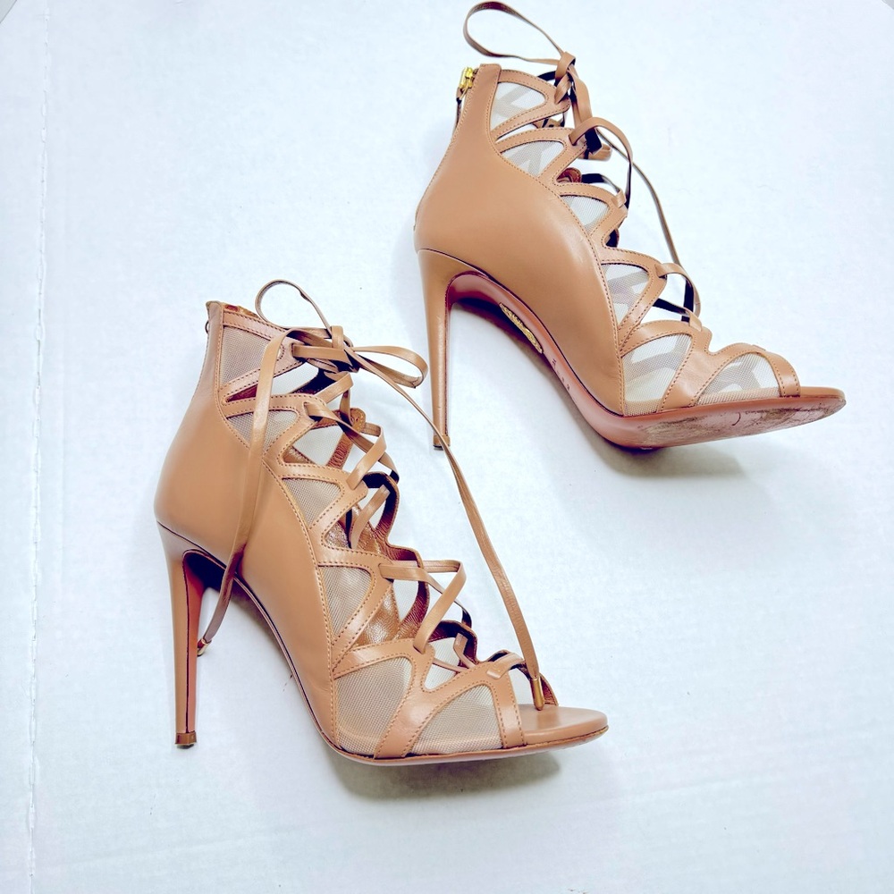 AQUAZZURA Strappy Tan Lace Up Heels Size 38 - Picture 2 of 12